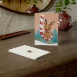 Holiday card with reindeer-dog and candy cane.