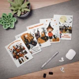 Halloween cards on desk with succulents and stationery.