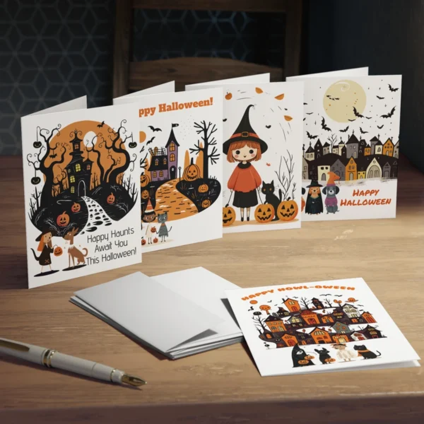 Halloween greeting cards on a wooden table.