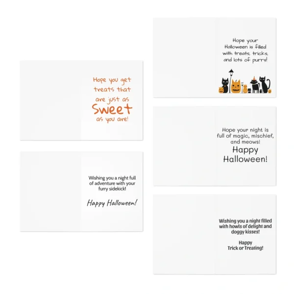 Various Halloween greeting cards with festive messages and illustrations.