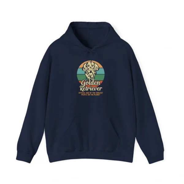 Navy hoodie with Golden Retriever graphic.