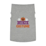 Gray dog shirt with 'I Ate My Costume' print