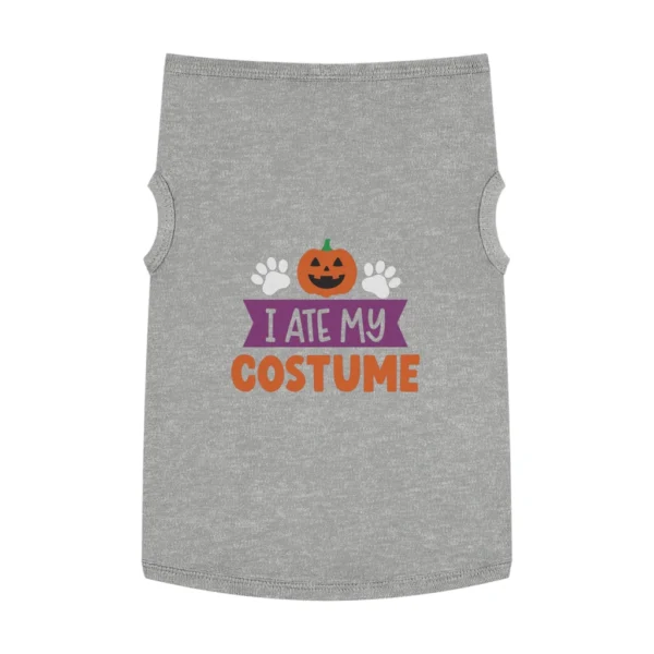 Gray dog shirt with 'I Ate My Costume' print