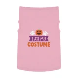 Pink pet shirt with 'I Ate My Costume'.