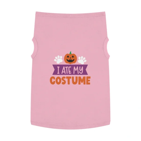 Pink pet shirt with 'I Ate My Costume'.