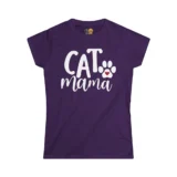 Purple shirt 'Cat Mama' with paw print.