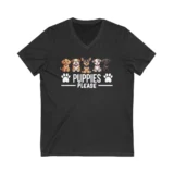 Black T-shirt with Puppies Please graphic