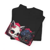 Black T-shirt with colorful skull cat design