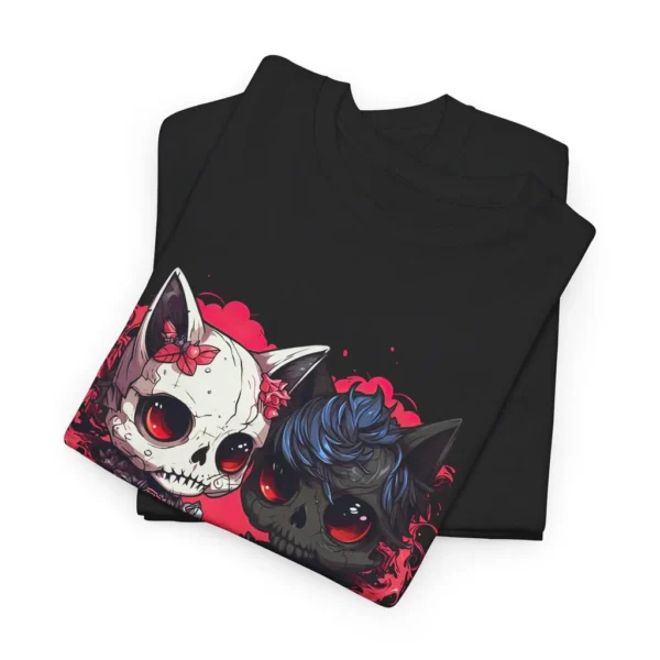 Black T-shirt with colorful skull cat design