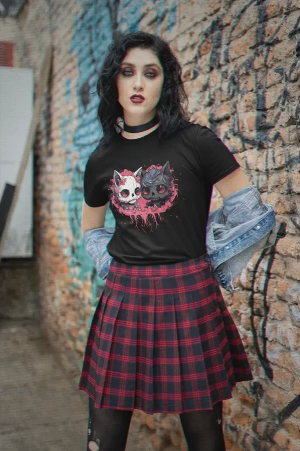 Woman in black cat t-shirt and plaid skirt